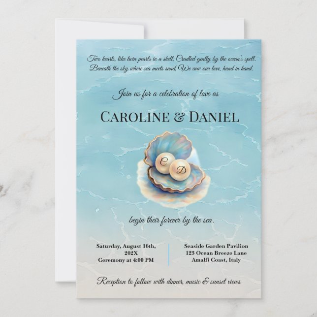 Convite Pérolas de Casamento de Praia Shell Elegant Ocean  (Frente)