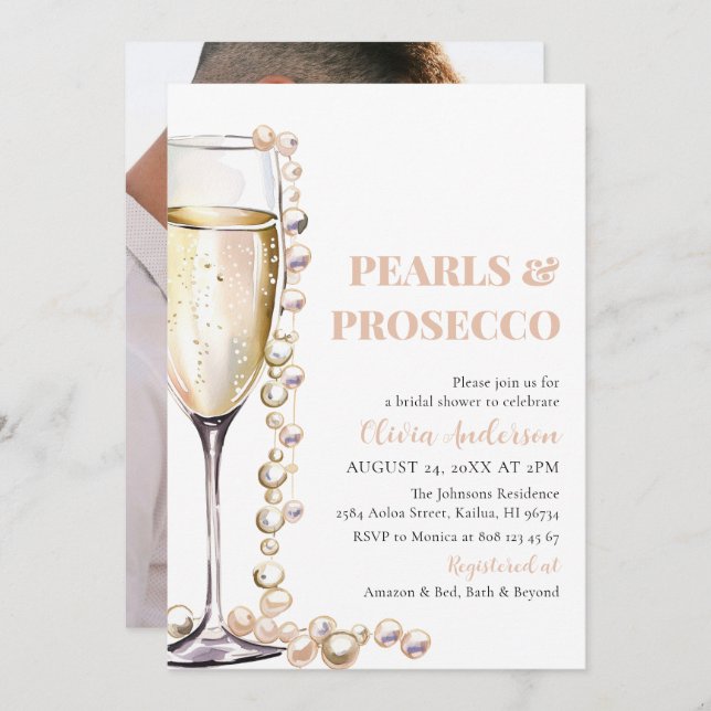 Convite Pérolas de Foto Elegantes e Chá de panela Prosecco (Frente/Verso)