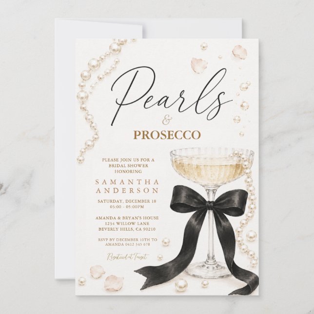 Convite Pérolas de Laço Preto & Prosecco Elegante Coquete (Frente)