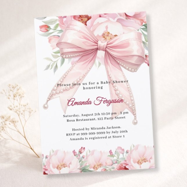 Convite Pérolas de laço rosa florais menina elegante Baby  (Criador carregado)