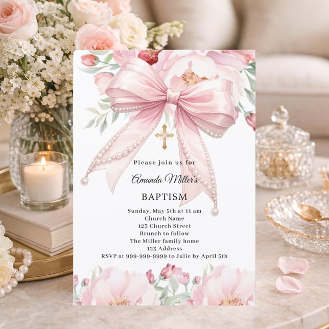 Convite Pérolas de laço rosa menina Batismo (Criador carregado)
