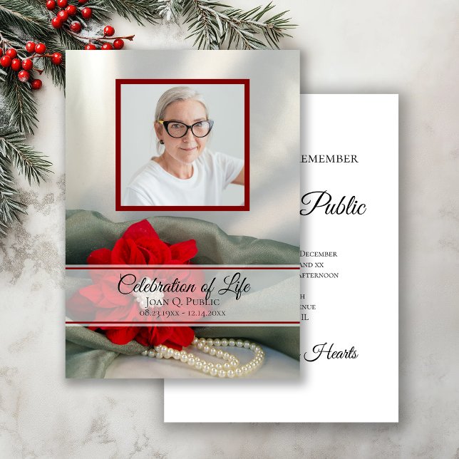 Convite Pérolas de Poinsettia Vermelha Celebração da Vida  (Criador carregado)