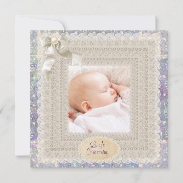 Convite Pérolas de Renda de Marfim Rosa Roxo Meninas Foto  (Frente)