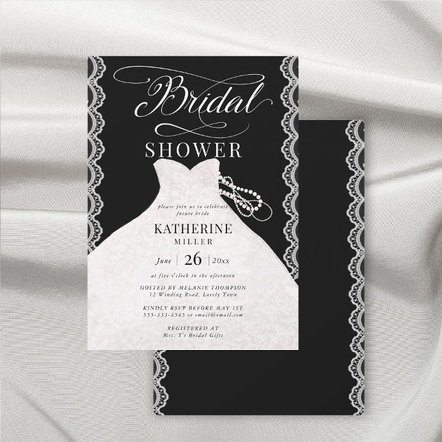 Convite Pérolas de rendas Chá de panela branco preto vesti (lace and pearls bridal shower invitation black and white elegant romantic modern classy stylish)