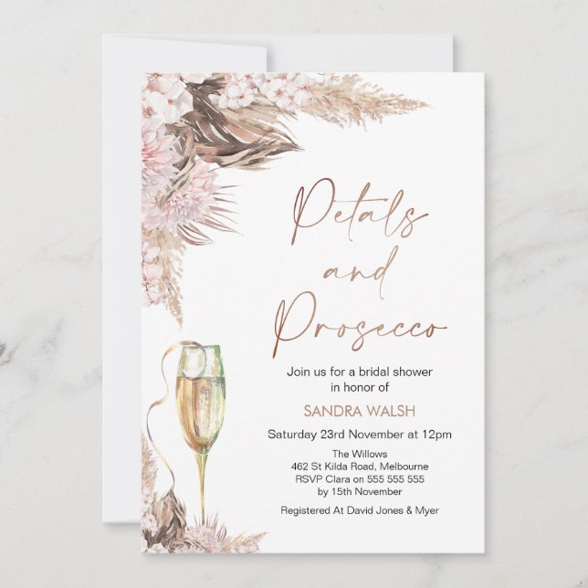 Convite Pérolas de Vidro Floral Rosa Chá de panela Prosecc (Frente)