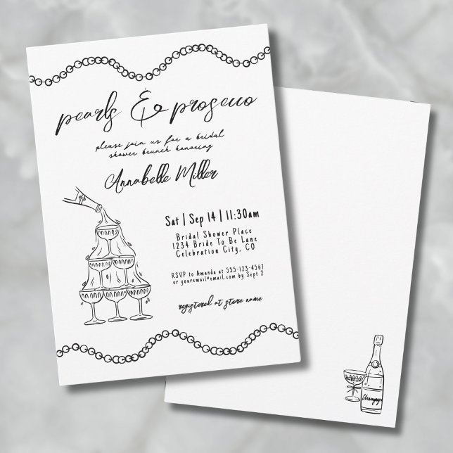 Convite Pérolas Desenhadas à Mão com Capricho Bridal Showe (Whimsical Hand Drawn Pearls Prosecco Bridal Shower Invitation)