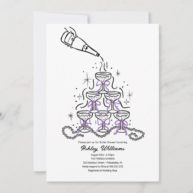 Convite Pérolas desenhadas à mão e Chá de panela Prosecco (Frente)