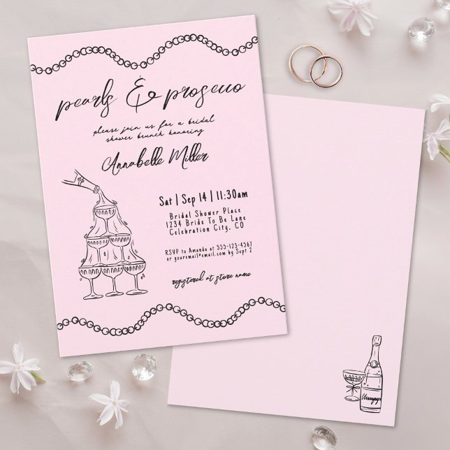 Convite Pérolas Desenhadas à Mão Prosecco Caprichoso Chá d (Hand Drawn Pearls Whimsical Prosecco Bridal Shower Invitation)