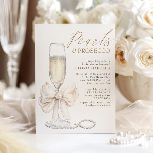 Convite Pérolas do Arco Branco Românico e Chá de panela Pr (Pearls and Prosecco Bridal Shower Invitation with Bow)