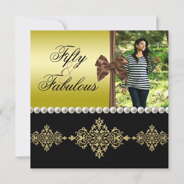 Convite Pérolas e Arcos Douradas e Black Fabulous 50 Fotog (Frente)