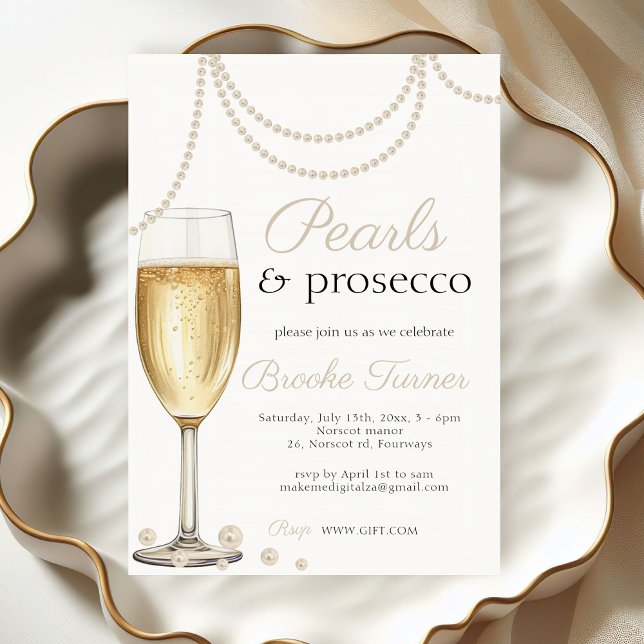 Convite Pérolas e Chá de brunch Bridal Prosecco elegante (Pearls and Prosecco bridal shower invitation)
