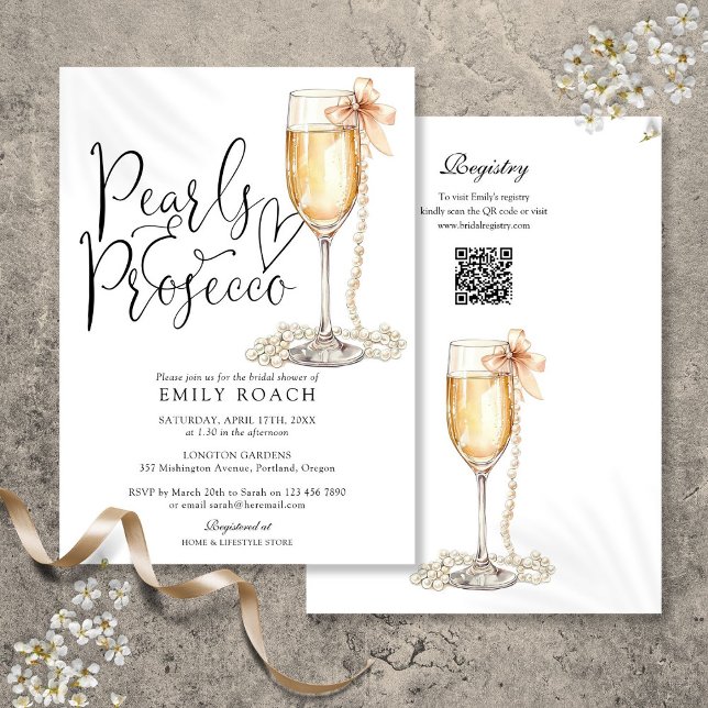 Convite Pérolas e Chá de panela Azul do Código QR Prosecco (Pearls And Prosecco QR Code Blue Bridal Shower Invitation)