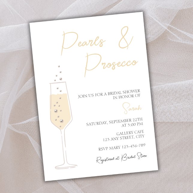Convite Pérolas E Chá de panela Chic Elegante Prosecco (pearls and prosecco bridal shower invitation elegant chic champagne)