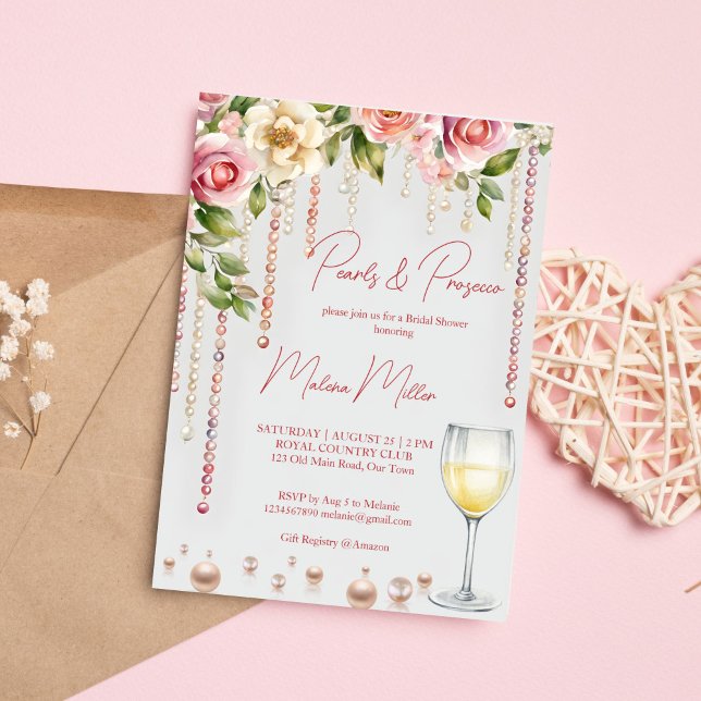 Convite Pérolas e chá de panela de prosecco elegante (Pearls and prosecco bridal shower elegant invitation editable template instant download blush pink)