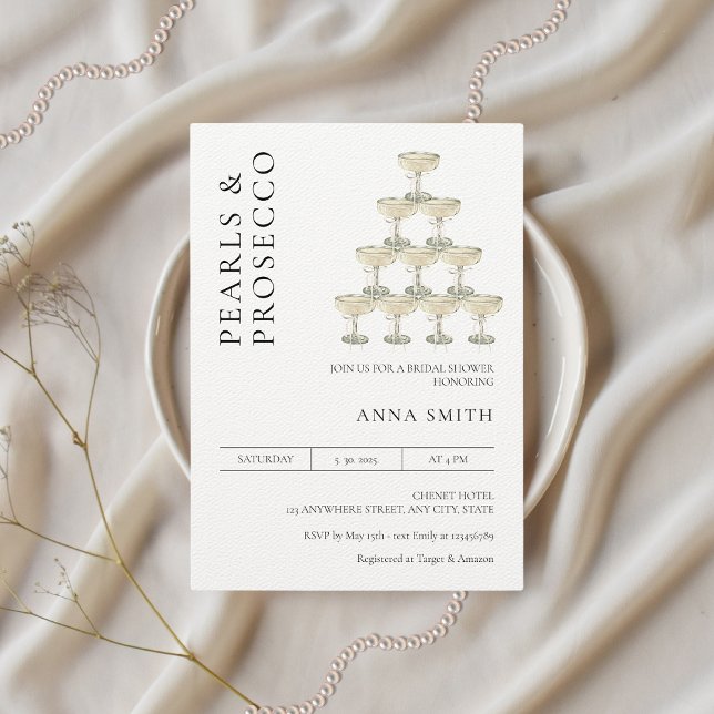 Convite Pérolas e Chá de panela de Prosecco Mínimo Moderno (Pearls & Prosecco Bridal Shower Invitation)