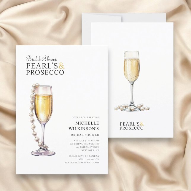 Convite pérolas e chá de panela mínimo moderno do prosecco (modern minimal bridal shower invitation pearls and prosecco themed )