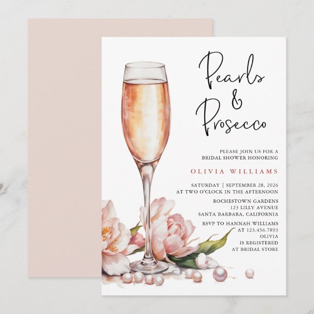 Convite Pérolas e Chá de panela Prosecco de Aquarela (Frente/Verso)