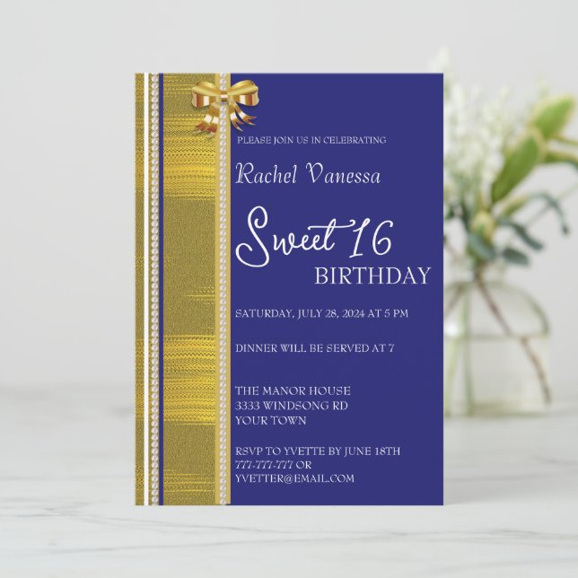 Convite Pérolas e Dourado Sweet 16 (Em pé/Frente)