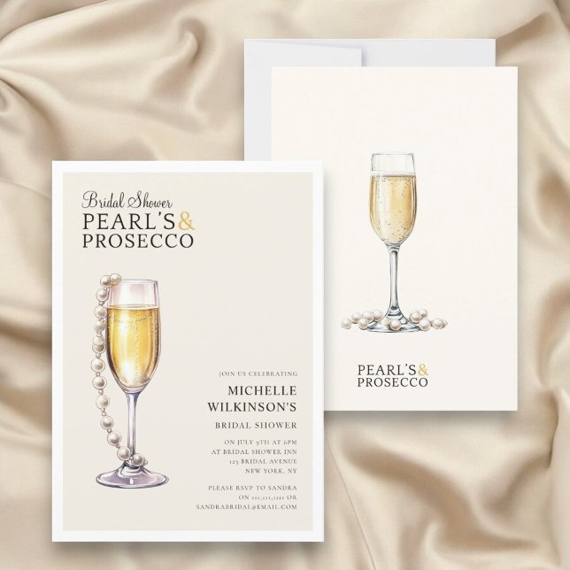 Convite pérolas e mínimo prosecco moderno (fun modern minimal pearls and prosecco wedding bridal shower invitation )
