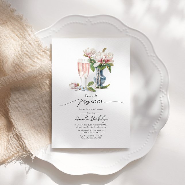 Convite Pérolas e Prosecco Chá de Noiva Elegante (Pearls and Prosecco Elegant Bridal Shower Invitation)