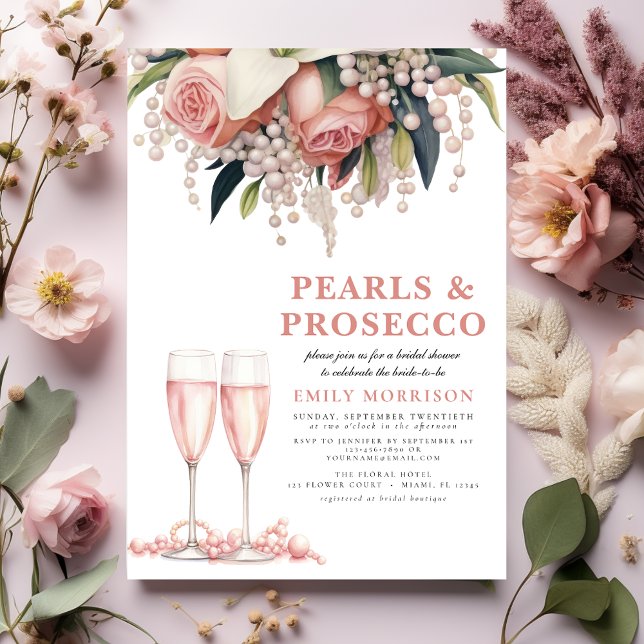 Convite Pérolas e Prosecco Chá de panela Floral Rosa Moder (Criador carregado)