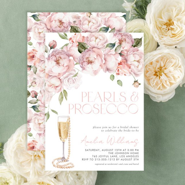 Convite Pérolas e Prosecco Chá de panela Floral Rosa Moder (Get ready for a gorgeous bridal shower with this easy to personalize invitation that sets the tone)