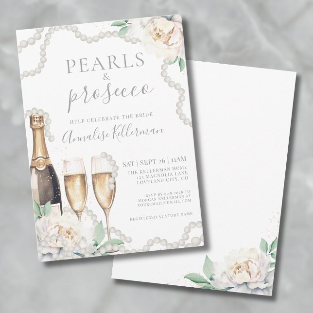 Convite Pérolas e Prosecco Chás de Noiva Florais (Pearls & Prosecco Floral Bridal Shower Invitation)