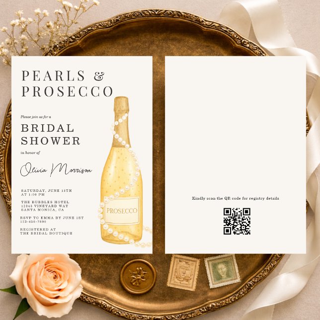 Convite Pérolas e Prosecco Código QR Chá de Noiva (Criador carregado)