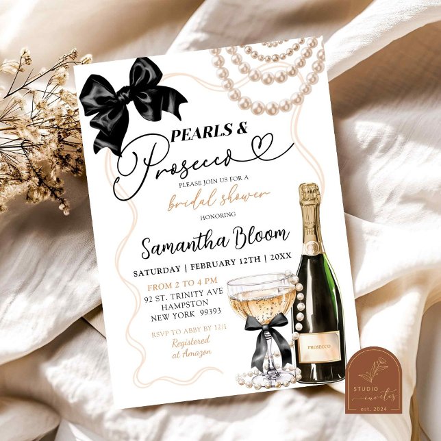 Convite Pérolas e Prosecco Coquete com Laço Preto (Criador carregado)