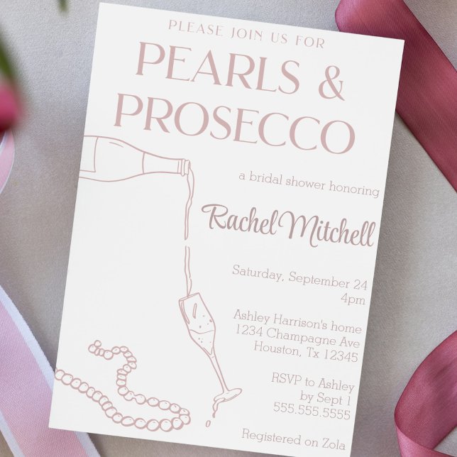 Convite Pérolas e Prosecco, cor-de-rosa/Chá (pearls and Prosecco bridal or lingerie shower invitation cute handdrawn champagne pearls invite)