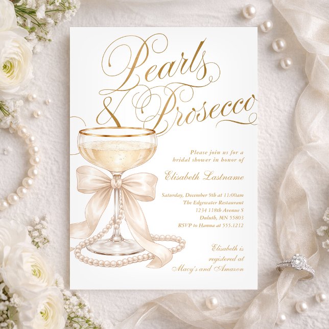 Convite Pérolas e Prosecco Laço Branco Chá de Noiva (Pearls and Prosecco White Bow Bridal Shower Invitation)