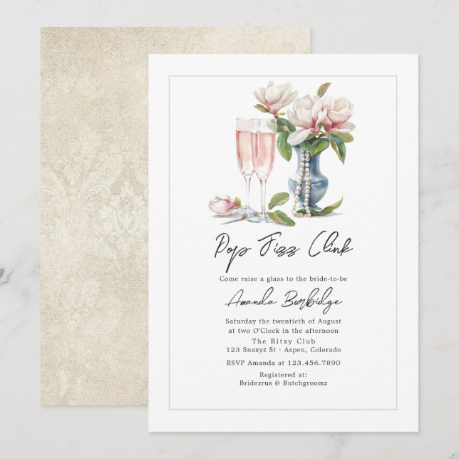 Convite Pérolas e Prosecco Pop Fizz Clink Chá de Noiva (Frente/Verso)