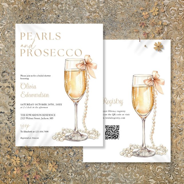Convite Pérolas e Prosecco QR Code Chá de Noiva (Pearls And Prosecco QR Code Bridal Shower Invitation)