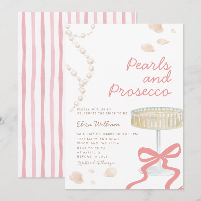 Convite Pérolas e Prosecco Rosa Coquette Chá de Noiva  (Frente/Verso)