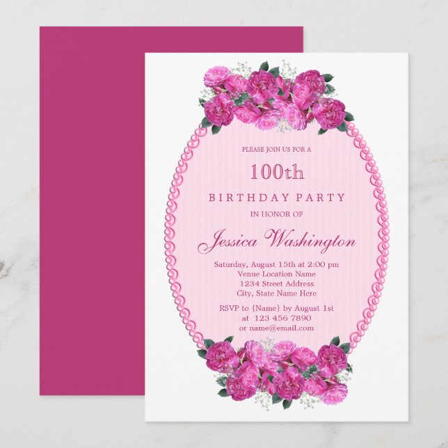 Convite Pérolas e Renda Floral Rosa 100º Aniversário (Frente/Verso)