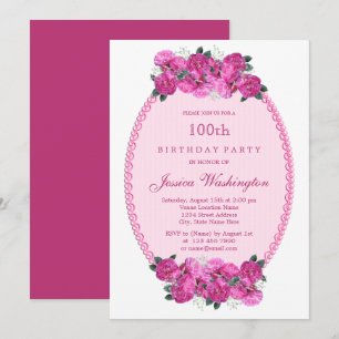 Convite Pérolas e Renda Floral Rosa 100º Aniversário
