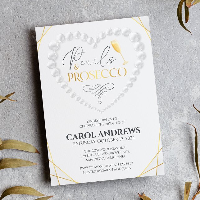Convite Pérolas Elegant Heart & Prosecco Gold Chá de Noiva (Criador carregado)