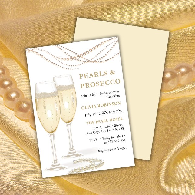 Convite Pérolas Elegantes Douradas e Chá de panela Prosecc (Gold Elegant Pearls and Prosecco Bridal Shower Invitation )
