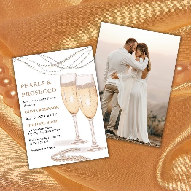 Convite Pérolas Elegantes e Chá de panela de Fotografia Pr (Modern Elegant Pearls and Prosecco Photo Bridal Shower Invitation  )