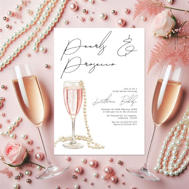 Convite Pérolas Elegantes e Chá de panela Prosecco (Elegant Pearls and Prosecco Bridal Shower Invitation)