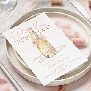 Convite Pérolas Elegantes e Laço Rosa Prosecco para Aniver