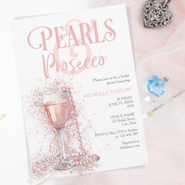 Convite Pérolas Elegantes e Prosecco Boho Blush de Verão R (Criador carregado)