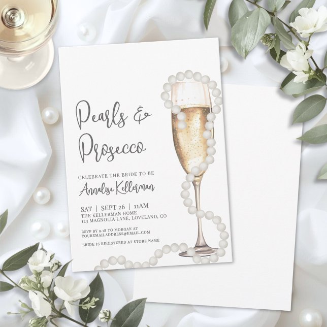 Convite Pérolas Elegantes e Prosecco Champanhe Bridal Show (Elegant Pearls & Prosecco Champagne Bridal Shower Invitation)