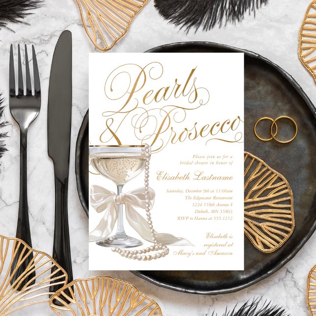 Convite Pérolas Elegantes e Prosecco com Laço Branco para  (Elegant Pearls & Prosecco White Bow Bridal Shower Invitation)