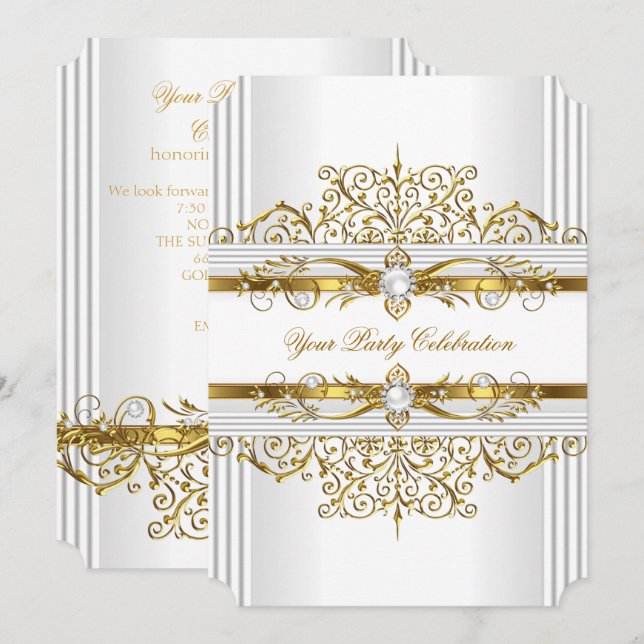 Convite Pérolas Elegantes em Ouro Branco Festa de Aniversá (Frente/Verso)