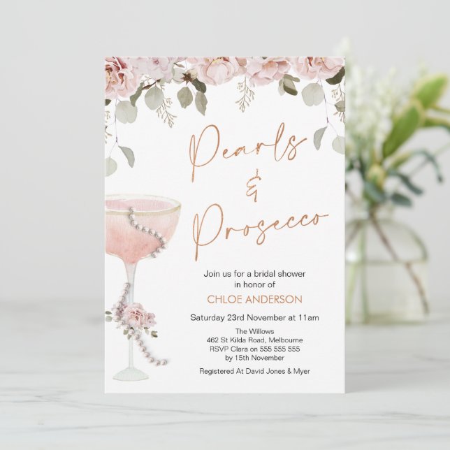 Convite Pérolas Escamoteadas Prosecco Blush Chá de panela  (Em pé/Frente)