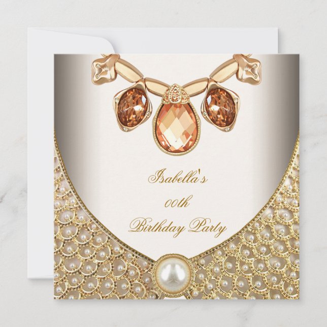 Convite Pérolas Jóias Imagem Âmbar Dourado Creme Aniversár (Frente)