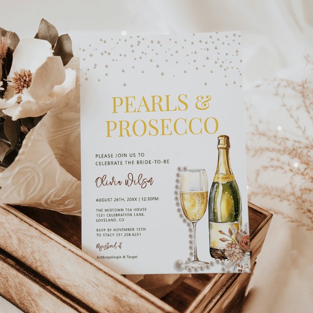 Convite Pérolas Minimalistas e Chá de panela Prosecco (Elegant Pearls and Prosecco Bridal Shower Invitation)