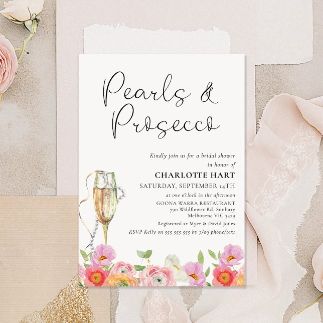 Convite Pérolas Multicoloridas Florais Chá de panela Prose (Pearls and Prosecco Bridal Shower Invitation Template Bright Floral, String Pearls Champagne Glass)