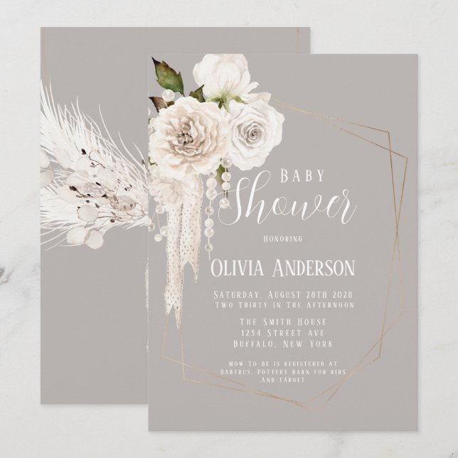 Convite Pérolas Neutras de Aquarela e Chá de fraldas de Fl (Frente/Verso)